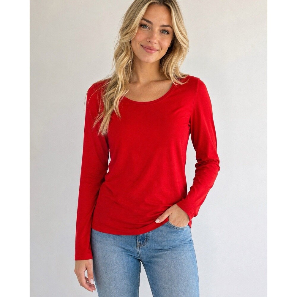 W Red Supima Cotton Modal Long Sleeve Scoop Neck Top Soft Minimalist